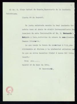 Minuta del oficio a Diego Rafael de Guzmán, secretario de la Academia Colombiana, de traslado de ...