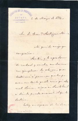 Carta de Antonio Aguilar y Cano a Francisco Rodríguez Marín en la que le agradece el envío de dos...