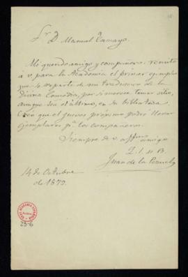 Carta de Juan de la Pezuela al secretario, Manuel Tamayo [y Baus], con la que remite un ejemplar ...