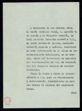 Copia del oficio del secretario a Antonio Carneiro Leão de traslado de su elección como académico...