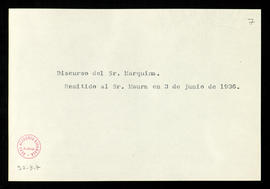 Nota sobre el envío del discurso de ingreso de Eduardo Marquina a Gabriel Maura