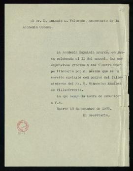 Copia sin firma del oficio del secretario [Emilio Cotarelo] a Antonio L. Valverde, secretario de ...