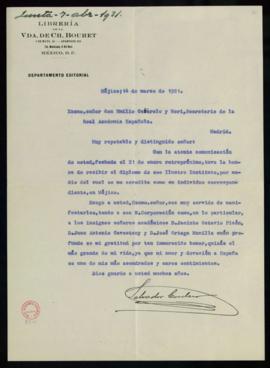 Carta de Salvador Cordero a Emilio Cotarelo, secretario de la Real Academia Española, en la que a...