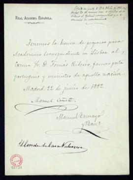 Propuesta firmada por Manuel Cañete, Manuel Tamayo y Baus y el conde de Casa Valencia de Tomás Ri...