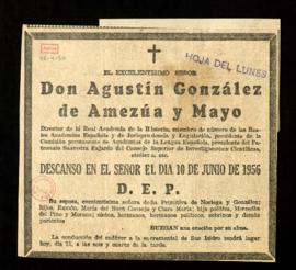 Esquela de Agustín González de Amezúa y Mayo publicada en la Hoja del Lunes del día 11 de junio d...