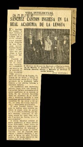 Recorte del diario Arriba con la noticia titulada Sánchez Cantón ingresa en la Real Academia de l...