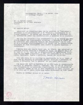 Carta de Tomás Navarro a Rafael Lapesa, secretario, en la que le agradece el envío de Enmiendas y...