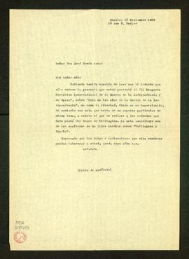 Copia de la carta de Pablo de Azcárate a José Camón Aznar sobre la ponencia que presentó en el II...