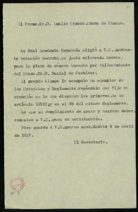 Copia sin firma del oficio del secretario [Emilio Cotarelo] a Amalio Gimeno, conde de Gimeno, de ...