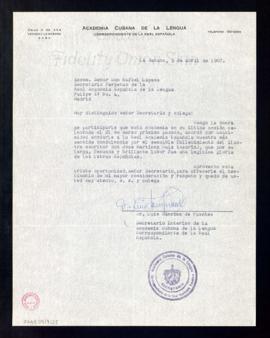 Carta de Luis Sánchez de Fuentes, secretario interino de la Academia Cubana de la Lengua, a Rafae...