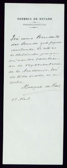 Nota del marqués de Pidal de confirmación de su asistencia [al entierro de Juan Valera] en su con...