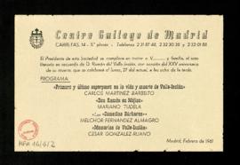 Invitación a un acto literario en homenaje a Ramón del Valle-Inclán en el Centro gallego de Madrid