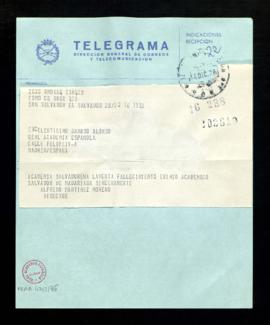 Telegrama de Alfredo Martínez Moreno, director de la Academia Salvadoreña, a Dámaso Alonso en el ...