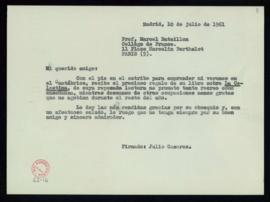 Copia de la carta de Julio Casares a Marcel Bataillon en la que acusa el recibo de su libro sobre...