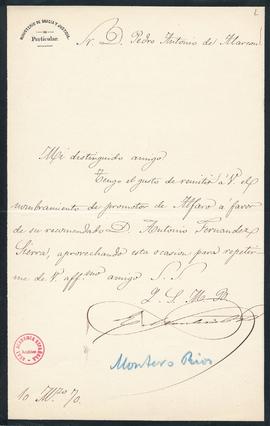Carta de [Eugenio] Montero Ríos a Pedro Antonio de Alarcón en la que le remite el nombramiento de...