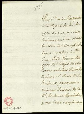 Carta de Ramón Antonio Miranda Hevia al marqués de Santa Cruz, director, en la que le comunica qu...