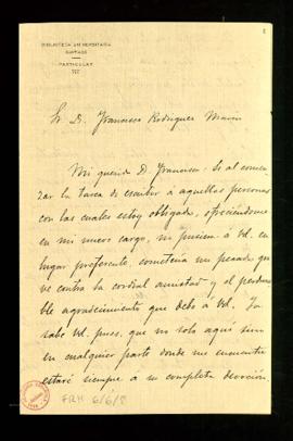 Carta de Antonio Alcalá Venceslada a Francisco Rodríguez Marín en la que le informa que sabe por ...