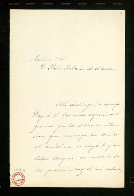 Carta de Antonio Cánovas del Castillo a Pedro Antonio de Alarcón en la que agradece el obsequio p...