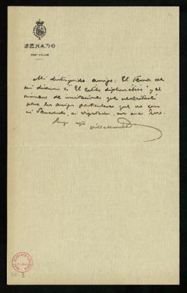 Carta del marqués de Villa-Urrutia con el título de su discurso de ingreso y el número de invitac...