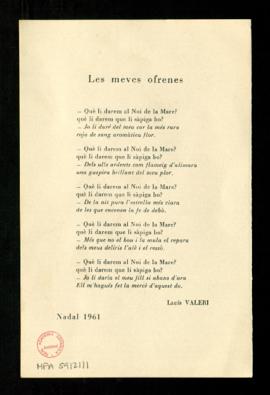 Felicitación de Navidad de Lluís Valeri con el poema Les meves ofrenes