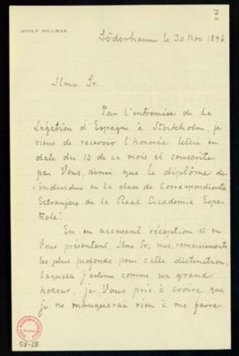 Carta de Adolf Hillman a Manuel Tamayo y Baus, secretario, en la que acusa recibo de su nombramie...