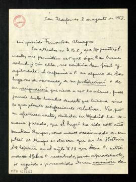 Carta de Manuel González-Hontoria a Melchor Fernández Almagro en la que expresa la melancolía y t...