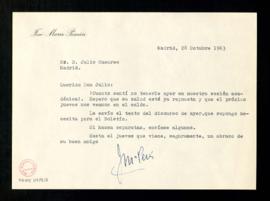 Carta de José María Pemán a Julio Casares en la que se interesa por su salud y con la que le enví...