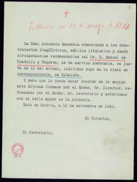 Minuta del diploma de Manuel de Montoliú y Togores de académico correspondiente en Cataluña