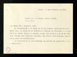 Copia sin firma de la carta de Julio Casares a Narciso Alonso Cortés en la que le explica que los...