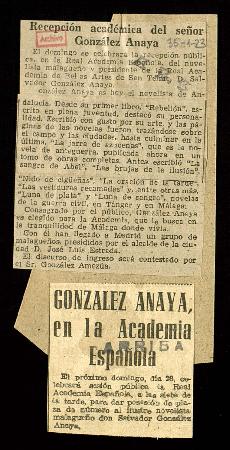 Recortes de prensa de ABC con el artículo Recepción académica del señor González Anaya y de Arrib...
