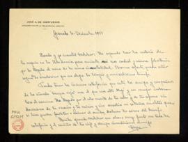 Carta de José A. de Cienfuegos a Melchor Fernández Almagro en la que le felicita por su ingreso e...