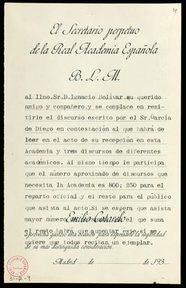 Copia del besalamano del secretario, Emilio Cotarelo, a Ignacio Bolívar con el que le remite el d...