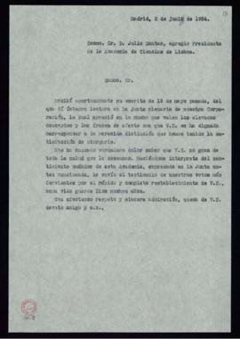 Copia sin firma de la carta [de Julio Casares] a Julio Dantas, presidente de la Academia de las C...