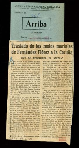 Recorte de prensa del diario Arriba Wenceslao Fernández- Flórez con la crónica del traslado de lo...