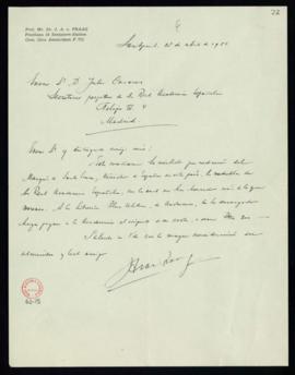 Carta de J. A. van Praag a Julio Casares en la que le informa de que ha recibido, de manos del ma...