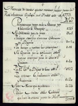 Memoria de varios gastos menores hechos para la Academia en el segundo medio año de 1773
