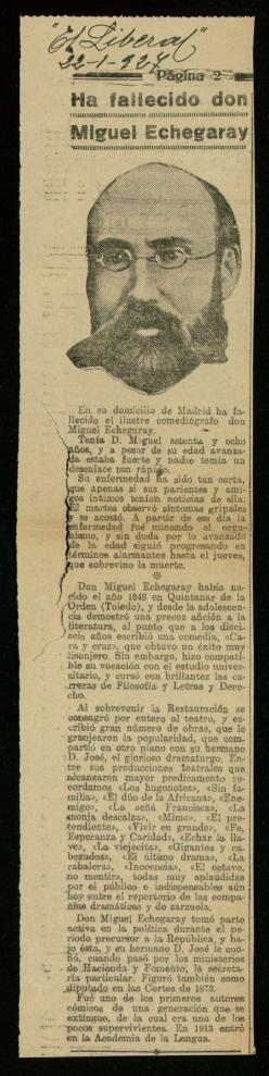 Recorte del diario El Liberal de 22 de enero de 1927, con la noticia del fallecimiento de Miguel ...