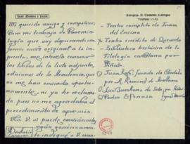 Carta de Juan Moneva a Julio Casares en la que le pide que le envíe, para su trabajo de Paremiolo...
