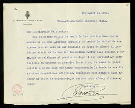 Carta de Galo Ponte, ministro de Justicia y Culto, a Ramón Menéndez Pidal en la que agradece la i...