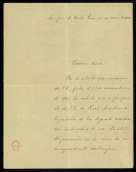 Carta de Ricardo Fernández Guardia a Mariano Catalina, secretario, en la que acusa el recibo de s...