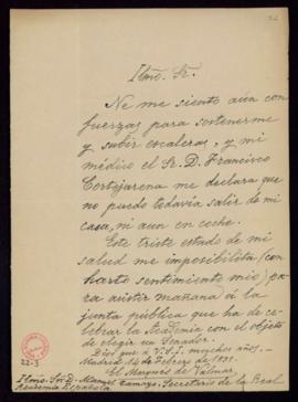 Carta del marqués de Valmar al secretario, Manuel Tamayo [y Baus], en la que excusa su asistencia...