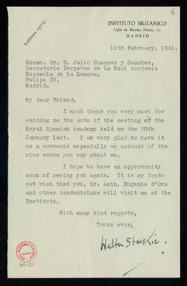 Carta de Walter Starkie a Julio Casares de agradecimiento por el envío del certificado de la sesi...