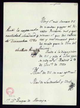 Orden de Manuel de Lardizábal del pago a Matías Ricarte de 1500 reales de vellón por el tirado de...