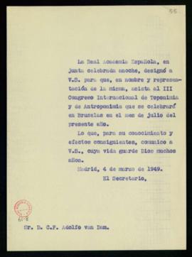 Minuta del oficio del secretario a C. F. Adolf van Dam a Julio Casares de traslado de su designac...
