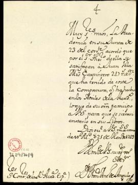 Carta orden de Francisco Antonio de Angulo a los contadores para que anoten el abono a Juan Vela,...