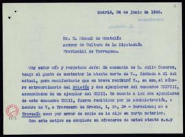 Carta del oficial de la secretaría Lorenzo García al asesor de Cultura de la diputación de Tarrag...