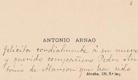 Tarjeta de visita de Antonio Arnao con felicitación a Pedro Antonio de Alarcón por haber sido ele...