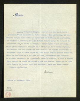 Carta de Azorín a Melchor Fernández Almagro en la que le dice que no va a firmar el contrato porq...