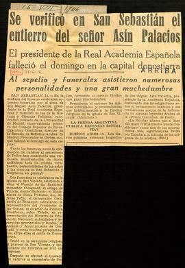 Recorte del diario Arriba con la noticia Se verificó en San Sebastián el entierro del señor Asín ...