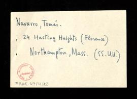 Nota con la dirección postal de Tomás Navarro en Northampton